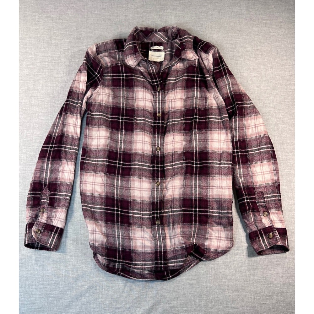 American Eagle Purple Plaid Flannel Shirt Womens XS Boyfriend Fit Soft Viscose